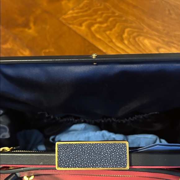 Smythson of Bond Street Pink & Navy Leather Metal Clasp Satchel. - Picture 5 of 14